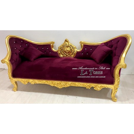 Barockes Empire-Sofa-Sessel aus goldfarbenem Holz und burgunderrotem Samt mit Swarovski-Elementen AL0032