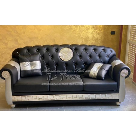 3 seater sofa with mesh and baroque mattress Goddess medusa black Swarovski silver eco-leather AZ03