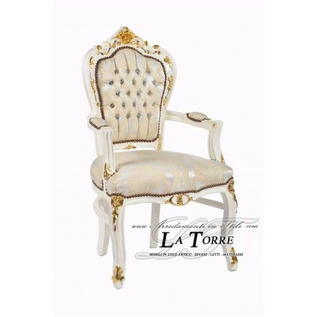 Sedia Poltrona Still Luigi XV Barocco Impero bianca oro e tessuto damascato AL2729