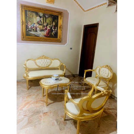 Klassisches, geschwungenes Wohnzimmersofa, Sessel, Couchtisch, Blattgold, Barock, Öko-Leder LT2786