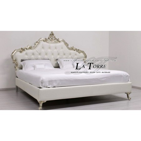 King Size double bed with Baroque faux leather container, gold wood, Bryan silver