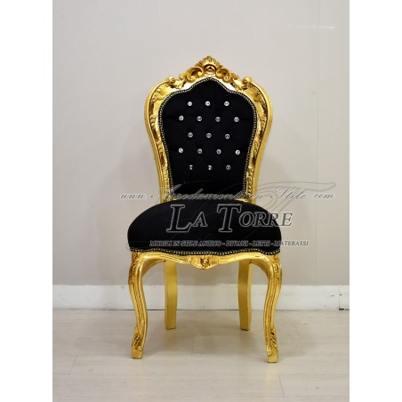 Poltrona Sedia Still Luigi XV Barocco Legno Oro velluto nero swarovski AL1826