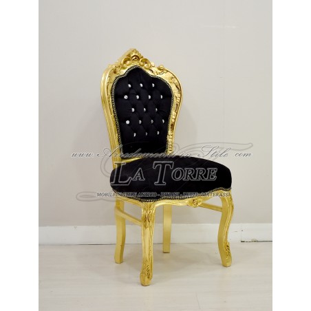 Poltrona Sedia Still Luigi XV Barocco Legno Oro velluto nero swarovski AL1826