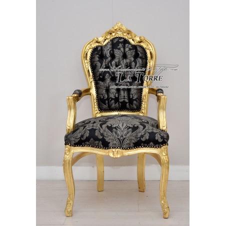 Chair Armchair Still Louis XV Baroque Empire gold black lilies fabric AL2729