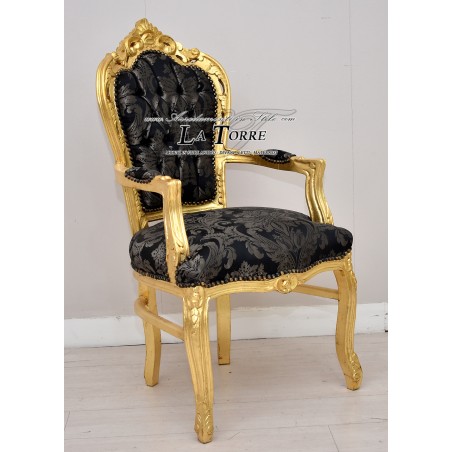 Chair Armchair Still Louis XV Baroque Empire gold black lilies fabric AL2729