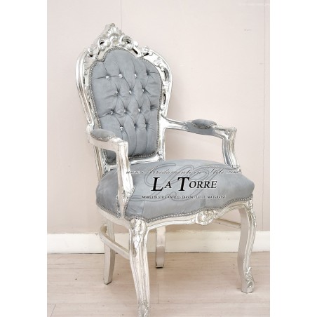 Still Louis XV Baroque Empire chair armchair silver gray velvet AL2729