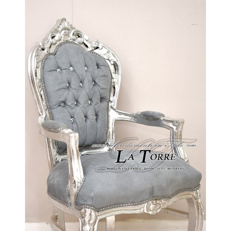 Still Louis XV Baroque Empire chair armchair silver gray velvet AL2729