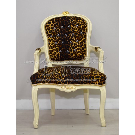 Louis XV Futè-Sessel mit Armlehnen, elfenbeinfarbener Leoparden-Samt, Barock AR1114