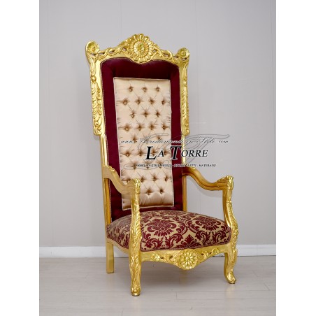 Impero armchair, Baroque Throne sofa in gold wood, bordeaux ivory velvet and damask AR1313