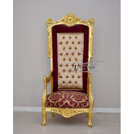 Impero armchair, Baroque Throne sofa in gold wood, bordeaux ivory velvet and damask AR1313