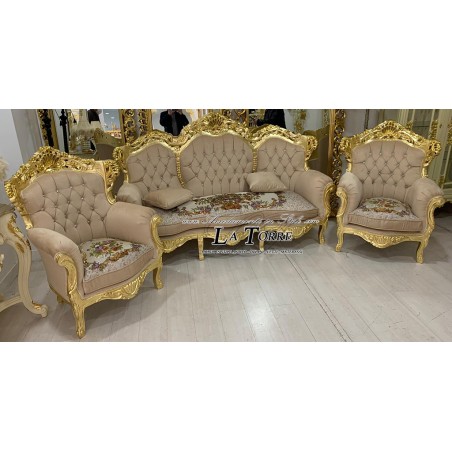 Baroque Living Room Germany AL1242 Gold Leaf with Capitonné 3 Seater Sofa 2 Armchairs Matching Coffee Table Customizable AL1242