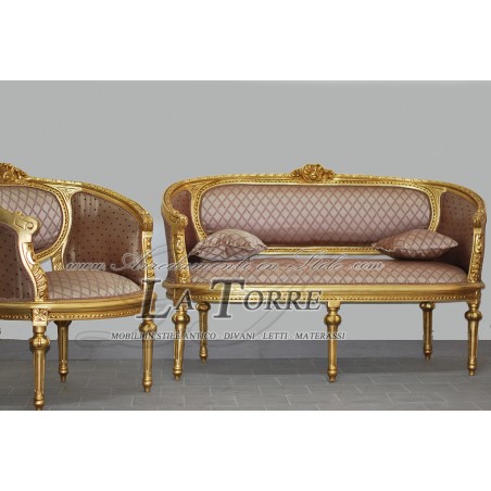 Louis XV Sofa-Sessel Wohnzimmer im Barockstil, goldfarbener und brauner Wabenstoff AL1453