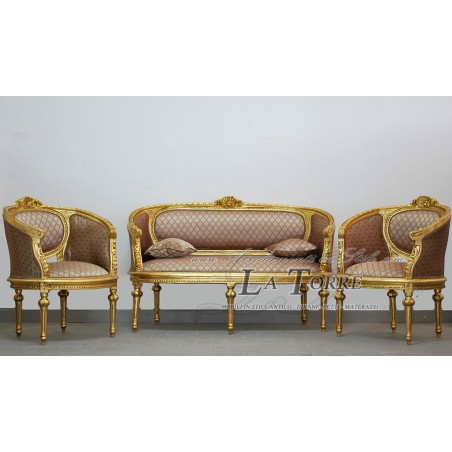 Louis XV Sofa-Sessel Wohnzimmer im Barockstil, goldfarbener und brauner Wabenstoff AL1453