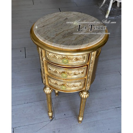 Antiker runder Nachttisch im Stil Louis XV mit Schubladen, goldener Barockmarmor AL4113