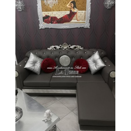 Divano 3 posti penisola  corona rete e materasso moderno Dea medusa ecopelle o velluto qualsiasi colore swarovski AZ05/C
