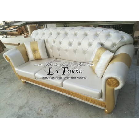 Divano 3 posti rete e materasso barocco  ecopelle avorio e oro swarovski qualsiasi colore AZ03