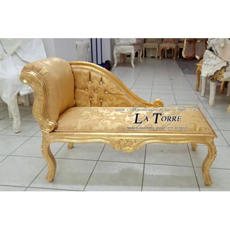 Römische Bank, Tagesbett, Sofa, Holzbank, goldfarbener Damaststoff, Swarovski K85