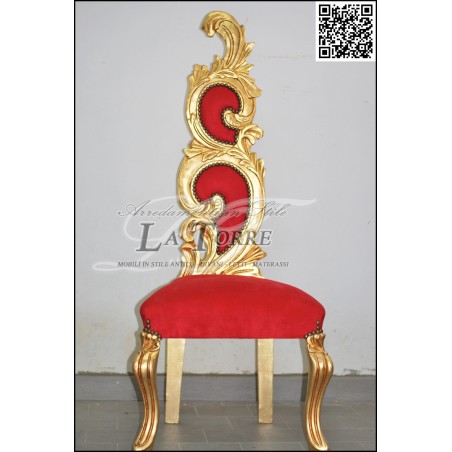 Poltrona trono barocco sedia fiamma h145 foglia oro velluto rosso AR6970