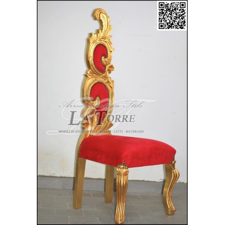 Poltrona trono barocco sedia fiamma h145 foglia oro velluto rosso AR6970