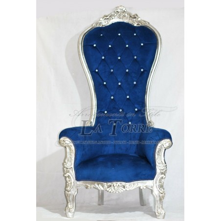 Barocker Thronsessel, silberner Samt, blaue Swarovski-Kristalle, Ar7579