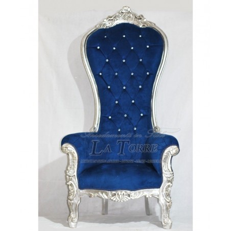 Barocker Thronsessel, silberner Samt, blaue Swarovski-Kristalle, Ar7579