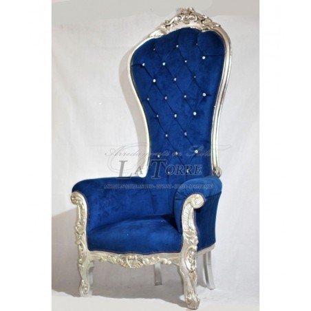 Barocker Thronsessel, silberner Samt, blaue Swarovski-Kristalle, Ar7579