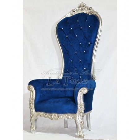 Barocker Thronsessel, silberner Samt, blaue Swarovski-Kristalle, Ar7579