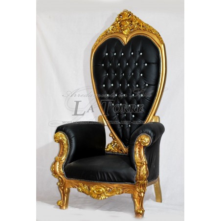 Baroque heart throne empire armchair Louis XV chair h195 gold black eco-leather AR8082