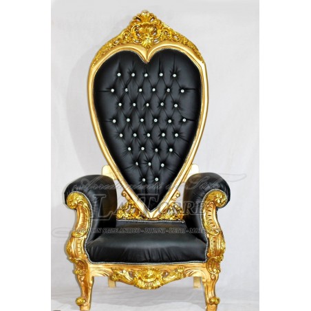 Baroque heart throne empire armchair Louis XV chair h195 gold black eco-leather AR8082
