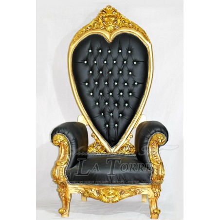 Baroque heart throne empire armchair Louis XV chair h195 gold black eco-leather AR8082
