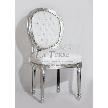 Sedia poltrona ovalina barocco braccioli Luigi XV ecopelle bianca Swarovski AR1111