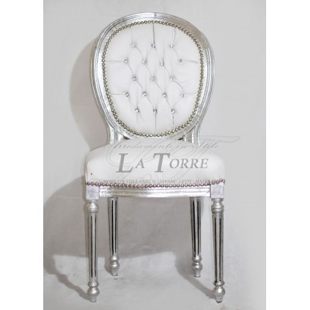 Baroque oval armchair Louis XV armrests white faux leather Swarovski AR1111