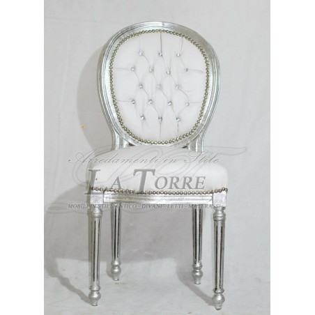 Barocker ovaler Sessel mit Armlehnen im Stil Louis XV und weißem Kunstleder Swarovski AR1111