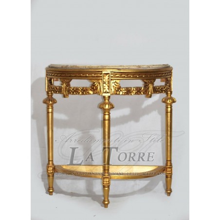 Half-moon entrance console in gold leaf wood with Baroque Louis XV marble Ar1314