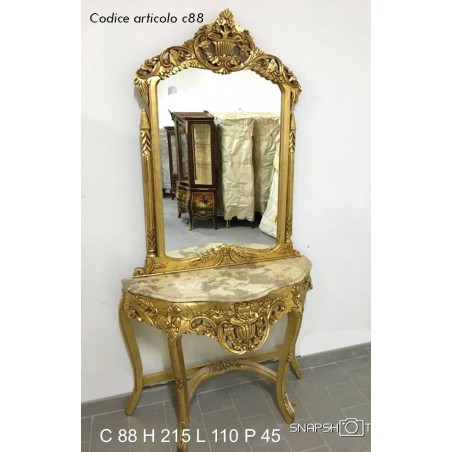 French style carved console in wood, antique gold leaf entrance, marble mirror K88