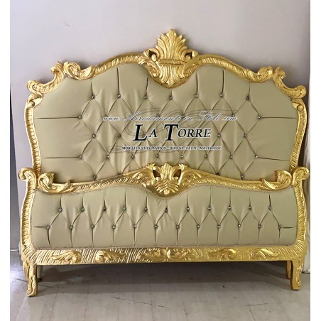 Antikes Doppelbett im Barockstil aus goldfarbenem Holz, Swarovski-Kristallen und elfenbeinfarbenem Kunstleder AL1717