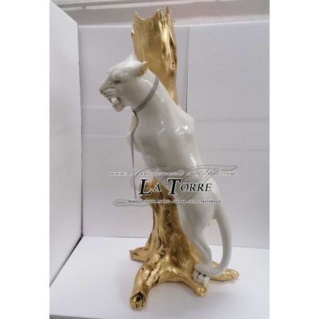 Statua complementi arredo scultura pantera feroce su ramo oro animal ceramica H100 PR52