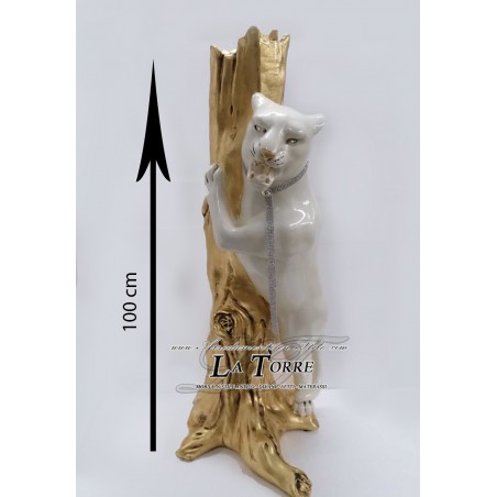 Statua complementi arredo scultura pantera feroce su ramo oro animal ceramica H100 PR52