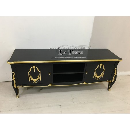 Niedriger TV-Ständer aus Holz im Barockstil, Sideboard in Schwarz und Gold, B 160 cm, K 128