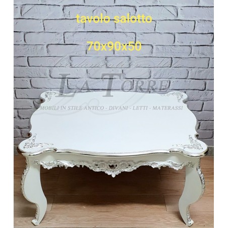 Tavolo basso da salotto rettangolare antico tavolino thé bianco e argento barocco CQ27