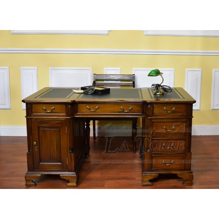 Ministerialschreibtisch, doppelseitig, walnussgrünes Kunstleder, 160 cm, Na10