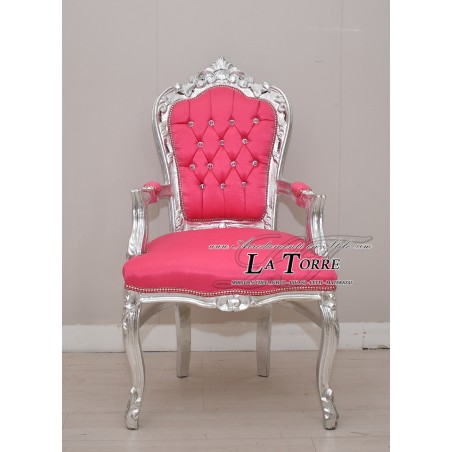 Sedia Poltrona Still Luigi XV Barocco Impero argento velluto rosa acceso AL2729