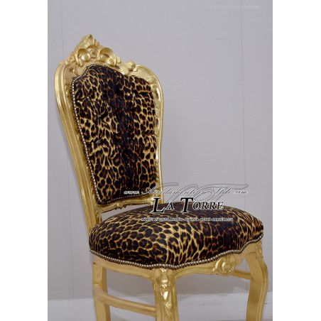 Poltrona Sedia Still Luigi XV Barocco Legno tessuto maculato swarovski AL1826