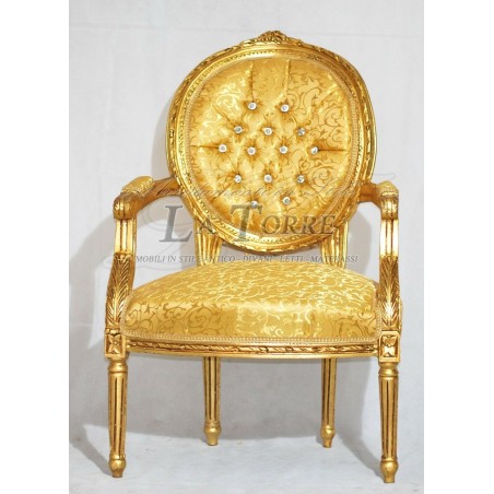 Barocker Cordelia-Sessel mit Armlehnen, Louis-XV-Sessel, goldfarbener Damaststoff, Swarovski Ar5457