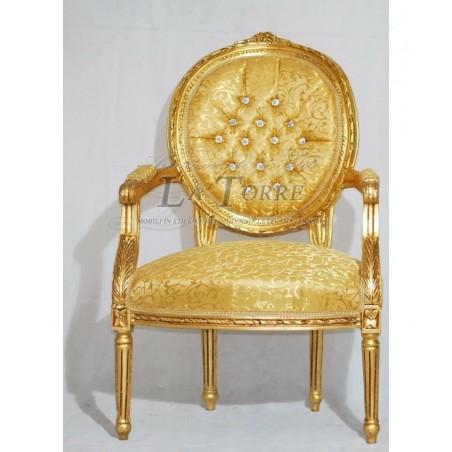 Poltrona Cordelia barocco braccioli sedia Luigi XV tessuto damascato oro Swarovski Ar5457