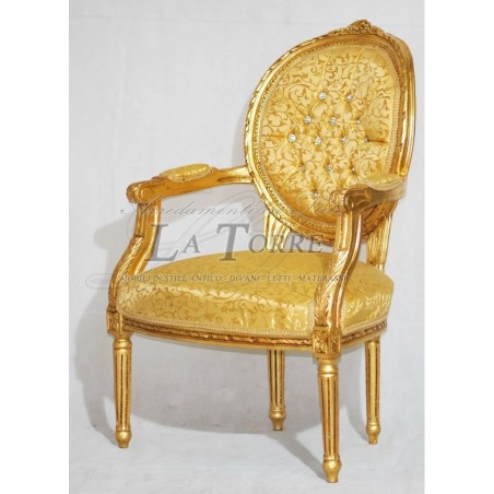 Barocker Cordelia-Sessel mit Armlehnen, Louis-XV-Sessel, goldfarbener Damaststoff, Swarovski Ar5457