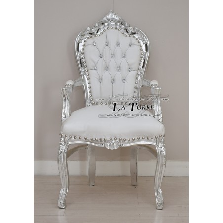 Still Louis XV Baroque Empire Armchair with silver armrests in white eco-leather AL2729