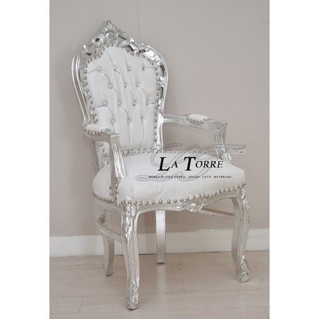 Still Louis XV Baroque Empire Armchair with silver armrests in white eco-leather AL2729
