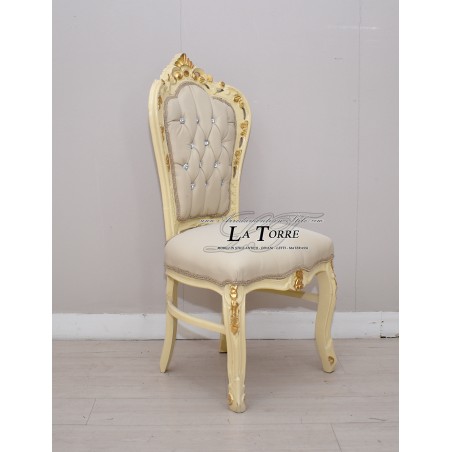 Poltrona Sedia Stile Luigi XV Legno avorio e oro ecopelle Swarovski AL1826