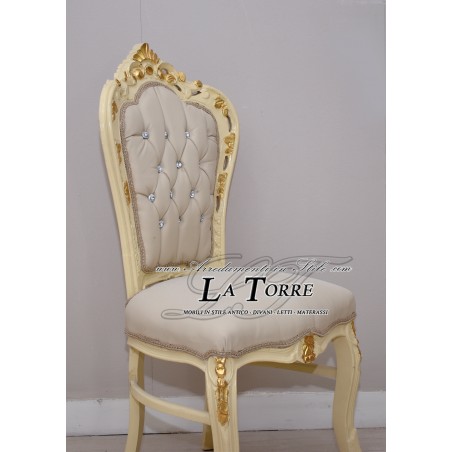 Sessel im Stil Louis XV, elfenbeinfarbenes und goldfarbenes Holz, Swarovski-Kunstleder AL1826